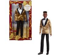Barbie Signature 2025 Holiday Dark Brown Hair Ken Collectible Fashion Doll Wearing Full Suit with Golden Jacket in Displayable Packaging & Doll Stand