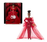 Barbie Signature Doll, Mattel 80th Anniversary Collectible in Glittery Red Tulle Gown with Drop Earrings and Sheer Gloves, Brunette, JBJ18