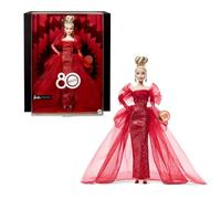 Barbie Signature Doll, Mattel 80th Anniversary Collectible in Glittery Red Tulle Gown with Drop Earrings and Sheer Gloves, Blonde Hair, JBJ17