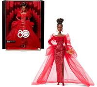 Barbie Signature Doll, Mattel 80th Anniversary Collectible in Glittery Red Tulle Gown with Drop Earrings and Sheer Gloves, Brunette, JBJ18