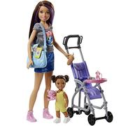 Barbie Skipper Babysitters Doll Playset, Brunette Skipper Doll with Brown Baby Doll, Baby Stroller and Doll Accessories, Toys for Ages 3 and Up, Two Dolls, FJB00