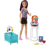 Barbie FHY98 FAMILY Babysitter Brunette Doll with Baby and Accessories, with A Highchair Playset, Multi-Colour, 0