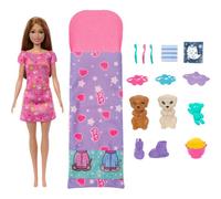 Barbie Doll & Playset with 2 Toy Dog Figures & 10+ Accessories, Puppy Slumber Party with Color-Change Feature, Sleeping Bag, Eye Masks & More, HXN01