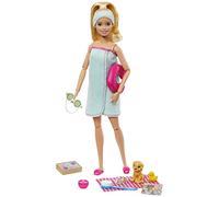 Barbie Spa Doll, Blonde, with Puppy and 9 Accessories, Including Neck Pillow, Rubber Duck and Cucumber Eye Masks, Gift for Kids 3 to 7 Years Old