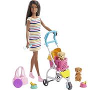 Barbie Stroll ‘n Play Pups Playset with Brunette Barbie Doll (11.5-inch), 2 Puppies, Pet Stroller and Accessories, Gift for 3 to 7 Year Olds