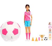 Barbie Team Roll and Reveal Soccer Player Doll and Accessories with Brunette Fashion Doll & 8 Surprises and a Soccer Ball Encasement, JMK20