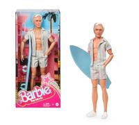 Barbie The Movie Ken Doll Wearing Pastel Pink and Green Striped Beach Matching Set with Surfboard and White Sneakers, JBJ54