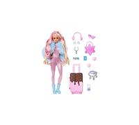 Barbie Travel Barbie Doll with Wintery Snow Fashion, Barbie Extra Fly, Sparkly Pink Jumpsuit and Faux-Fur Coat, HPB16