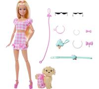 Barbie Twinning Looks Doll with Pet Dog in Matching Pink Gingham Clothes and Accessories for Both like Sunglasses, Necklaces and Bows, Blonde, JFP36