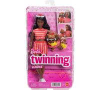 Barbie Twinning Looks Doll with Pet Dog in Matching Red Striped Clothes and Accessories for Both Like Sunglasses and Headbands, Wavy Black Hair