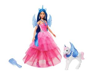 Barbie Unicorn Toy, 65th Anniversary Commemorative Doll with Blue Hair, Pink Gown and Accessories Like Sapphire Wings and Pet Alicorn, HRR16
