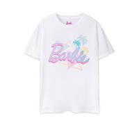 Barbie Womens T-Shirt | White Pastel Palm Tree Beach Oversized Graphic Tee for Ladies | Classic Logo Short-Sleeved Retro Fashion Top | Doll Casual Graphic Tee Movie Merchandise Gift
