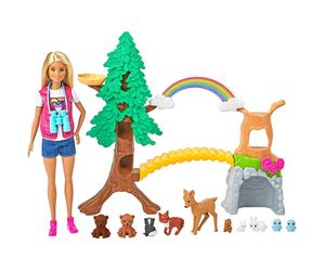Barbie Wilderness Explorers Guide Interactive Playset, Blonde Barbie Doll, Outdoor Tree, Bridge, Overhead Rainbow, 10 Animals & More GTN60