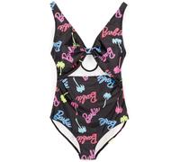 Barbie Womens Swimsuit | Multicoloured All in One Swimming Costume for Ladies | Black Pink Blue Green Palm Tree Doll Classic Logo | Front Knot Two Straps Cossie | Swimwear Merchandise Gift for Adults