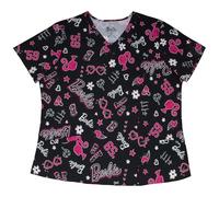Barbie Women's All Over Print, Short Sleeve V-Neck Novelty Medical Scrub Top with Pockets - Nurse Uniform Top for Ladies, Black/Pink, 3X