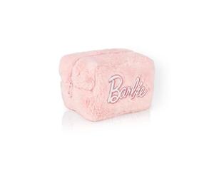 Barbie Womens Fluffy Makeup Bag | Ladies All Over Fur with Embroidered Logo in Pink | Classic Logo Zip Cosmetic Storage Bag Doll Apparel Container with Ample Storage | Movie Film Toy Merchandise Gift