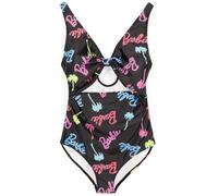 Barbie Womens Swimsuit | Multicoloured All in One Swimming Costume for Ladies | Black Pink Blue Green Palm Tree Doll Classic Logo | Front Knot Two Straps Cossie | Swimwear Merchandise Gift for Adults