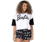 Barbie Womens Pyjama Set | Black and White Cropped T-Shirt & Shorts For Ladies | Short Sleeve Tee Elasticated Waist Shorts | Classic Logo Graphic Sleepwear | Nightwear Pyjama Merchandise for Adults