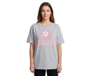 Barbie Womens T-Shirt | Grey Marl with Pink Collegiate Crest Logo Graphic Tee for Ladies | Retro Short-Sleeved Fashion Top | Doll Casual Oversized Graphic Tee Movie Merchandise Gift