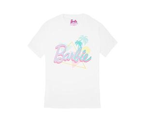 Barbie Womens T-Shirt | White Pastel Palm Tree Beach Oversized Graphic Tee for Ladies | Classic Logo Short-Sleeved Retro Fashion Top | Doll Casual Graphic Tee Movie Merchandise Gift