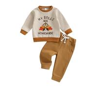 Barbotimer Baby Boy Thanksgiving Outfit My Rolls are Homemade Turkey Embroidery Waffle Sweatshirt Pullover Tops Jogger Pants Cute 2Pcs Toddler Boy Fall Clothes (Brown, 0-6 Months)