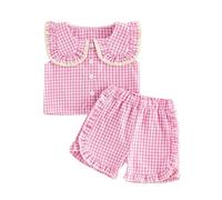 Barbotimer Baby Girl Clothes Summer Vintage Gingham Outfit Doll Collar Button Down Sleeveless Tank Shirt Ruffle Shorts Cute 2Pcs Toddler Kid Spring Summer Clothing Set