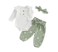 Barbotimer Baby Girl Daisy Outfit Ruffle Bodysuit Ribbed Long Sleeve Romper Flower Linen Bloomers Pants Headband and Belt Cute 4Pcs Newborn Fall Clothes 0 3 6 12 18 24Months (Green, 18-24 Months)