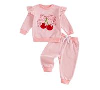 Barbotimer Baby Girl Fall Outfit Cartoon Goose Embroidery Sweatshirt Ruffle Long Sleeve Pullover Tops Waffle Stripe Jogger Pants Toddler Girl Clothes Autumn Winter 2Pcs Tracksuit Set (Red, 2-3 Years)