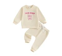 Barbotimer Baby Girl Fall Outfit Thanks Heaven for Little Girls Embroidery Sweatshirt Solid Color Jogger Pants Tracksuit Set Cute 2Pcs Toddler Autumn Winter Clothes (Apricot, 0-6 Months)