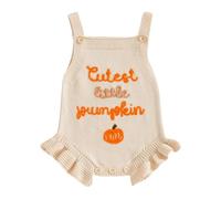 Barbotimer Baby Girl Halloween Outfit Sweater Romper Cutest Little Pumpkin Jumper Embroidery Ruffle Bodysuit Cute Newborn Holiday Clothes Welcome Home Photo Shoot Autumn (Khaki, 6-12 Months)