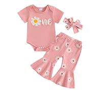 Barbotimer First Birthday Outfit Girl Retro Daisy One Embroidery Bodysuit Boho Flower Flared Pants One Year Old Cake Smash Photo Shoot Outfit (Pink, 12-18 Months)