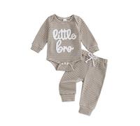 Barbotimer Little Brother Newborn Outfit Embroidery Waffle Stripe Bodysuit Ribbed Jogger Pants Cute 2Pcs Fall Winter Clothes Welcome Home 0 3 6 9 12Months (Khaki, Newborn)