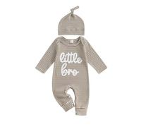 Barbotimer Little Brother Newborn Outfit Embroidery Waffle Striped Rompers Long Sleeve Jumpsuit Retro Long Sleeve Bodysuit Hat Cute 2Pcs Coming Home Fall Winter Clothes (Coffee, 3-6 Months)