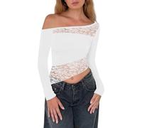 Barbotimer Sexy Women's Off Shoulder Blouse Mesh Lace Patchwork Long Sleeve Asymmetric Hem Slim Fit Solid Color Crop Tops (White, M)