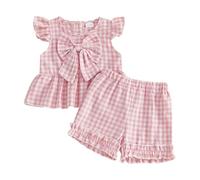 Barbotimer Toddler Baby Girl Summer Clothes Bow-Knot Decor Gingham Smocked Tunic Shirt Ruffle Trim Casual Shorts Cute 2Pcs Spring Summer Clothing Set (Pink, 2-3 Years)