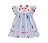 Barbotimer Toddler Girl Crawfish Smocked Dress Embroidery Flutter Sleeve Lobster Plaid Princess Dresses Cute Summer Outfit 1-5Y (Blue, 4-5 Years)