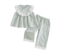Barbotimer Toddler Girl Summer Clothes Set Gingham Lace Ruffle Trim Summer Dress Tops Plaid Pants 2 Piece Spring Summer Outfits 1t 2t 3t