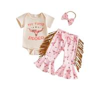 Barbotimer Western Baby Girl Clothes Summer My First Rodeo Bodysuit Cow Print Tassel Flared Pants Headband Set Cute 3Pcs Newborn Welcome Home 1st Birthday Girl Outfit (Pink, 12-18 Months)