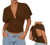 Barbotimer Women Cinched Waist Batwing Short Sleeve Wrap Top Y2K Open Back Deep V Neck Off Shoulder Tank Top Slim Fit Bow Tie Back Shirt (Coffee, S)