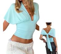Barbotimer Women Cinched Waist Batwing Short Sleeve Wrap Top Y2K Open Back Deep V Neck Off Shoulder Tank Top Slim Fit Bow Tie Back Shirt (Mint Green, M)