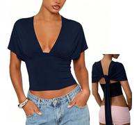 Barbotimer Women Cinched Waist Batwing Short Sleeve Wrap Top Y2K Open Back Deep V Neck Off Shoulder Tank Top Slim Fit Bow Tie Back Shirt (Navy Blue, S)