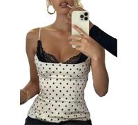 Barbotimer Women Lace Trim Satin Cami Top Y2K Polka Dot Spaghetti Strap Backless Hook Back Corset Crop Tops Silk Going Out Tops (White, L)