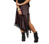 Barbotimer Women Satin Lace Trim Maxi Skirt Y2K Silk Asymmetric High Waisted Patchwork Lace Slip Long Skirt Flowy Midi Skirts(Side Split Coffee,Medium)