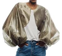 Barbotimer Women Sheer Organza Shrug Puff Sleeve Shawl Cropped Cardigan See Through Long Sleeve Open Front Bolero Cover Up for Evening (Light Green, XL)