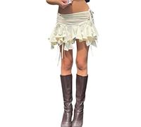 Barbotimer Women Y2k Ruffle Mini Skirt Drawstring Ruched Asymmetrical Hem Tiered Pleated Short Skirts (Creamy, s)