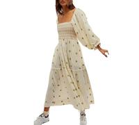 Barbotimer Women's Flower Embroidered Maxi Dress Lantern Sleeve Square Neck Tiered Flowy Spring Fall Dress (UK, Alpha, S, Regular, Regular, Apricot)