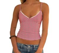 Barbotimer Womens Polka Dot Tank Top Y2k Lace Trim V-Neck Spaghetti Strap Crop Camisole Heart Print Aesthetic Trendy Going Out Cami Top(A-Red Plaid, S)