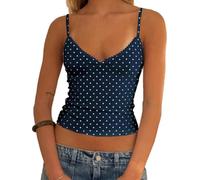 Barbotimer Womens Polka Dot Tank Top Y2k Lace Trim V-Neck Spaghetti Strap Crop Camisole Heart Print Aesthetic Trendy Going Out Cami Top(A-Navy Blue, M)
