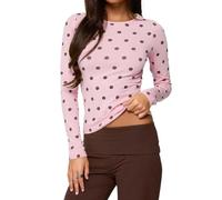 Barbotimer Womens Polka Dot Top Y2k Long Sleeve Crew Neck Slim Fit Stretch Crop Top Casual Vintage Dot Print Going Out Streetwear (Retro Pink, S)