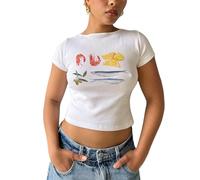 Barbotimer Women's Y2K Baby Tees Short Sleeve E-Girls Graphic Print Slim Fit Summer Crop Top for Teen Girls (Fish Print, S)